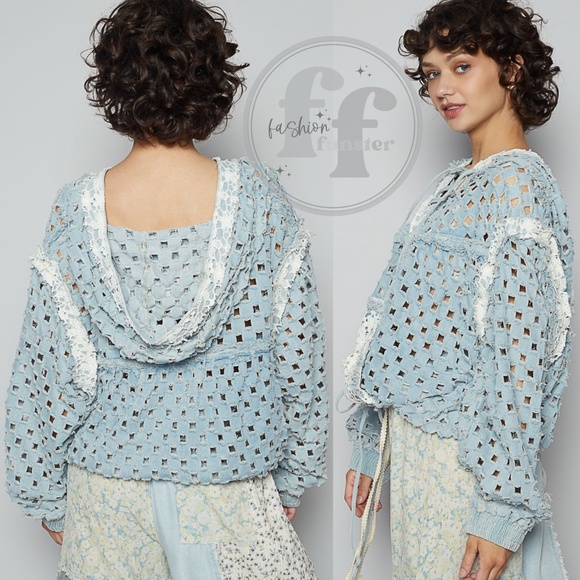 POL Laser Cut Denim Lace Hoodie Openwork Denim Crochet Lace Up Hoodie Top - Picture 4 of 4